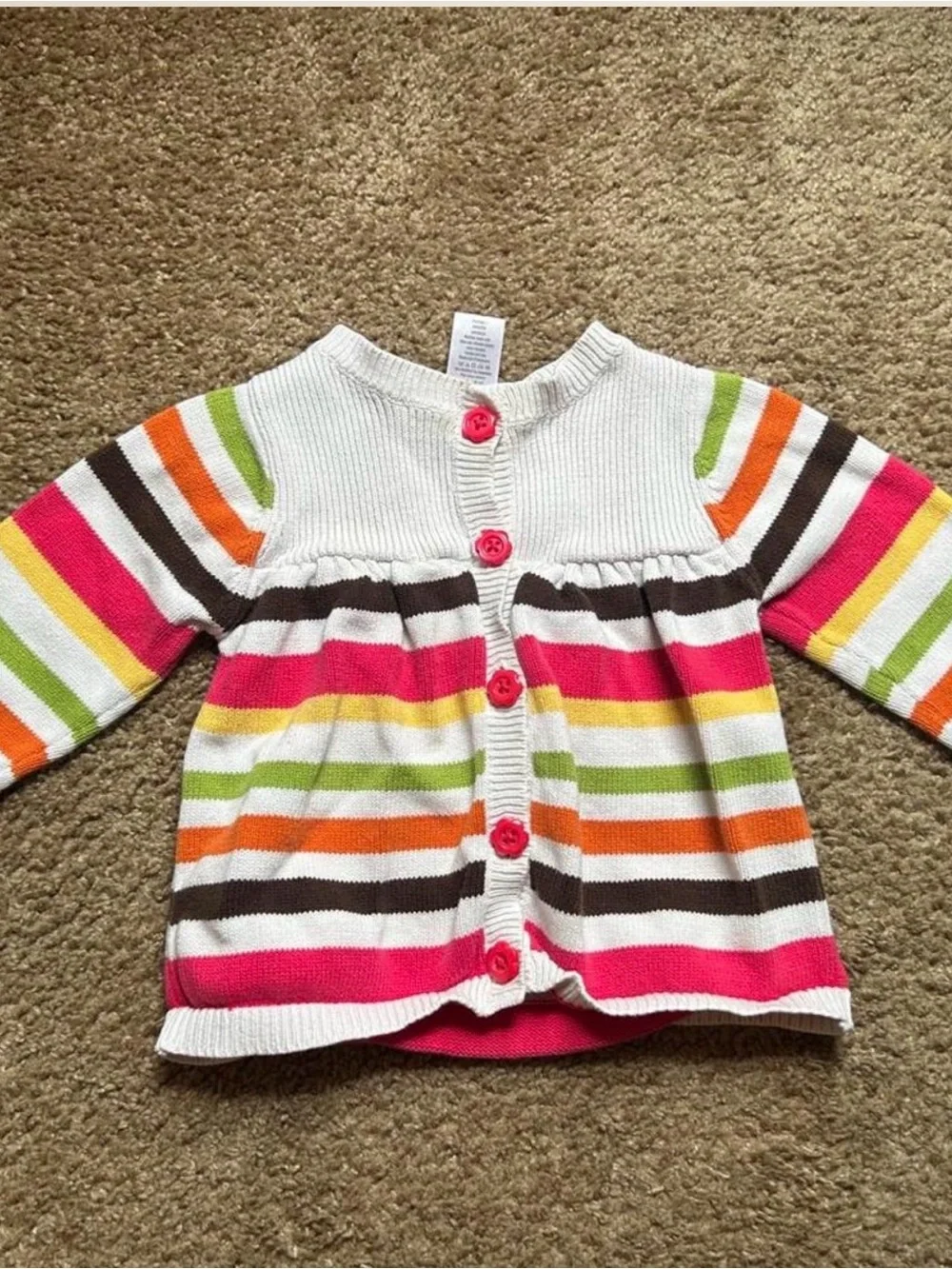 Gymboree White Cardigan with Pink, Orange, Yellow, Green & Brown Stripes